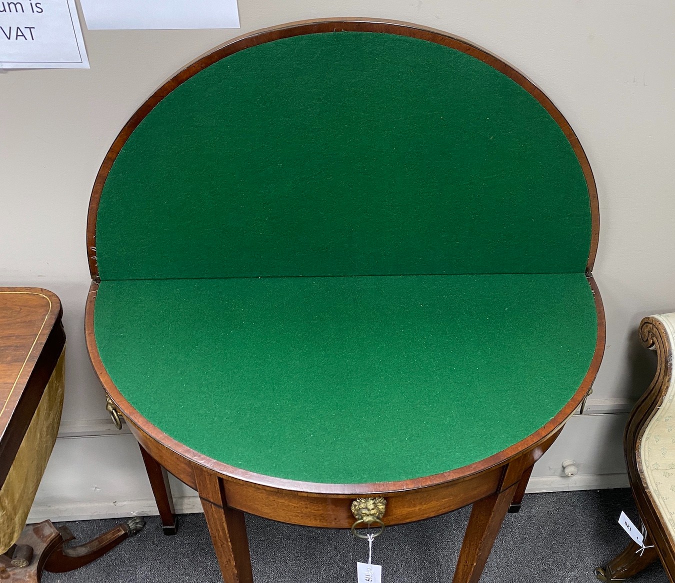A George III and later banded mahogany demi lune folding card table, width 91cm, depth 45cm, height 76cm